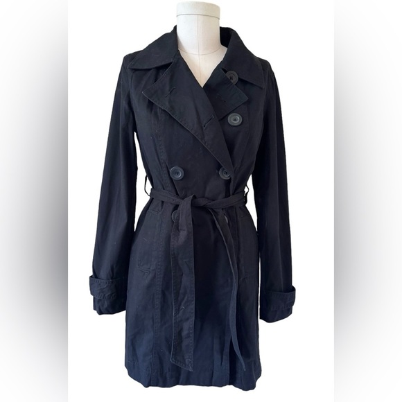 NWOT Old Navy Classic Black Trench Coat in Cotton - double breasted - Picture 1 of 10